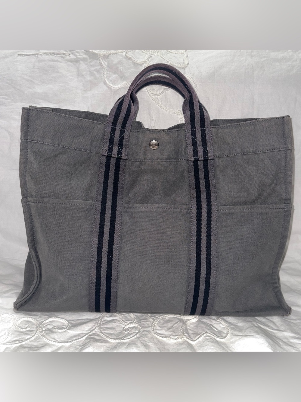 HERMES DEAUVILLE PM Grey/Blk Canvas Tote. Clean Great PreLoved Cond.22x30x8(HWD)